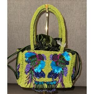 Green Beaded NWT Viral Handcrafted in India Embellished Drawstring Mini Handbag